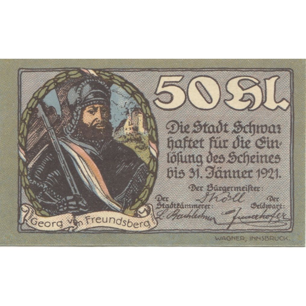 [#284641] Banknote, Austria, Schwaz, 50 Heller, personnage, 1920, UNC(63) Mehl:F