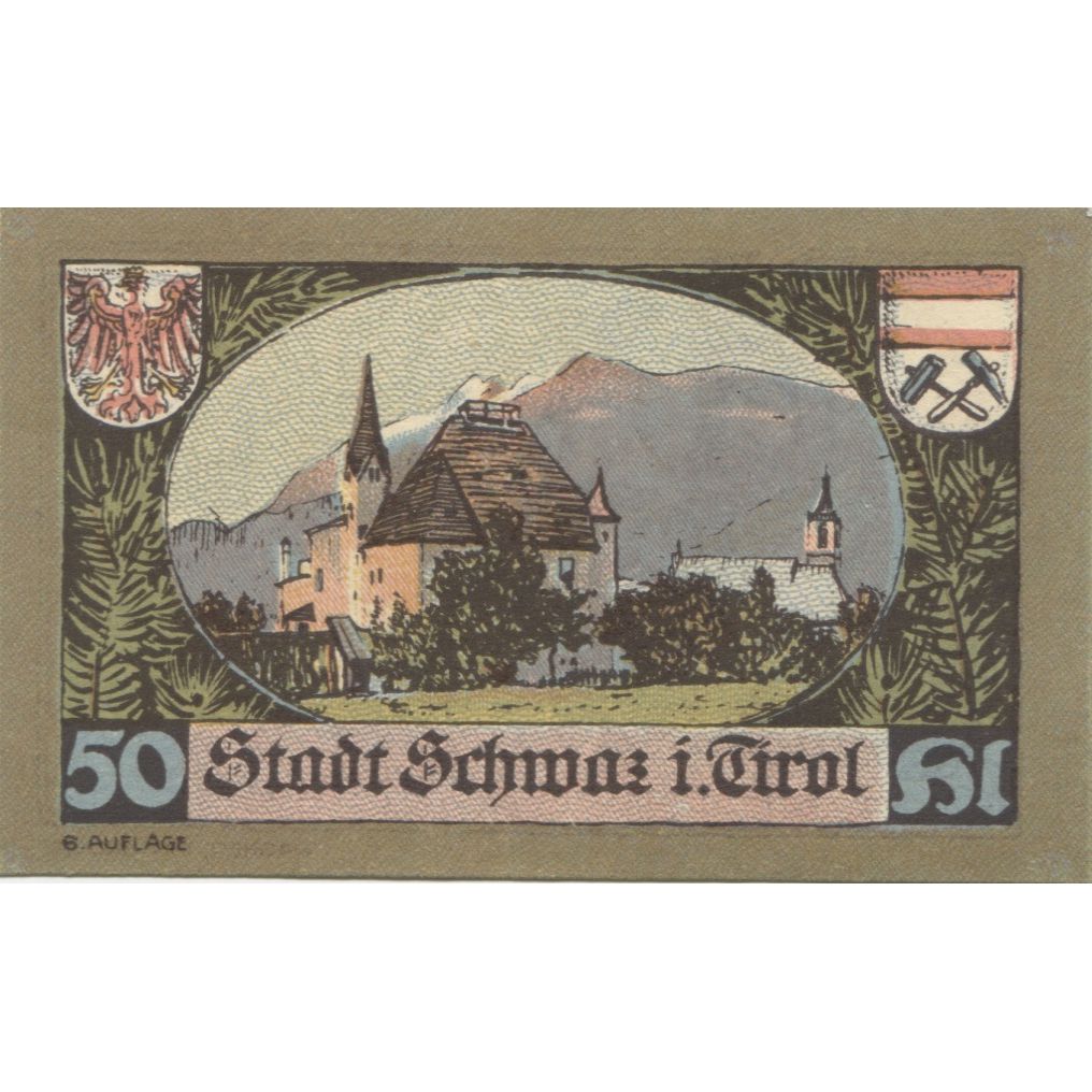 [#284641] Banknote, Austria, Schwaz, 50 Heller, personnage, 1920, UNC(63) Mehl:F