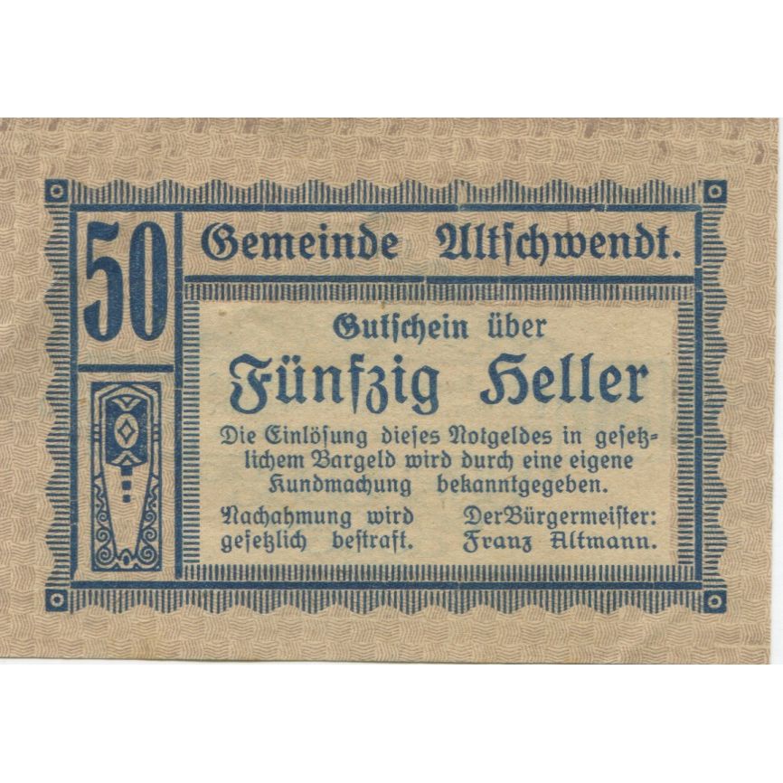 Billete, Austria, Altschwendt, 50 Heller, Texte 1920-09-30, SC Mehl:FS 35Ia