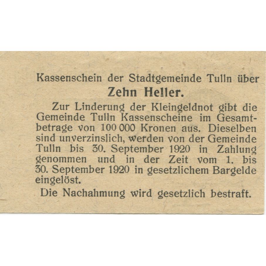 Billete, Austria, Tulln, 10 Heller, Texte, 1920, 1920-09-30, SC, Mehl:FS 1083I