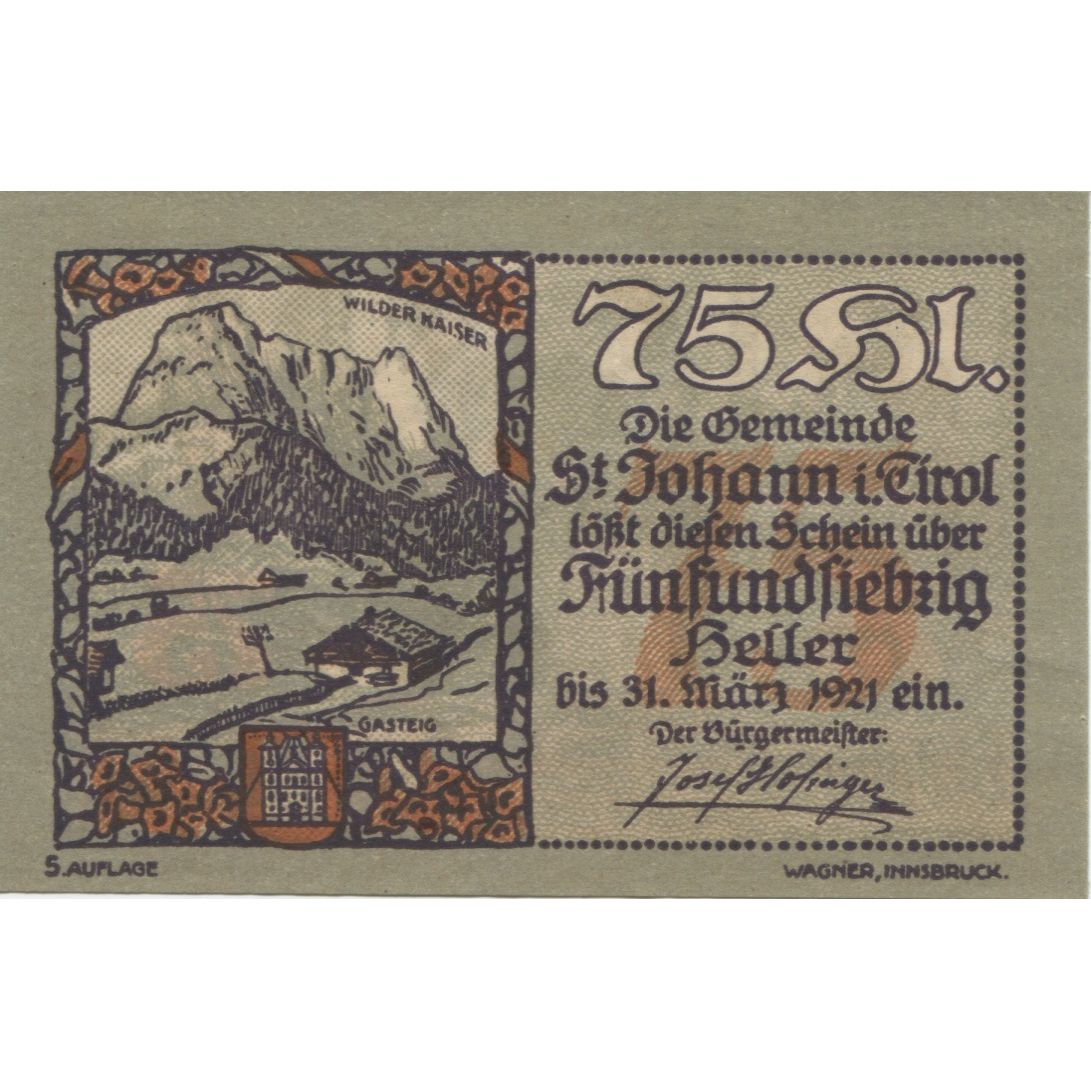 Billete, Austria, St Johann, 75 Heller, paysage 1921-01-31, SC Mehl:FS 898a