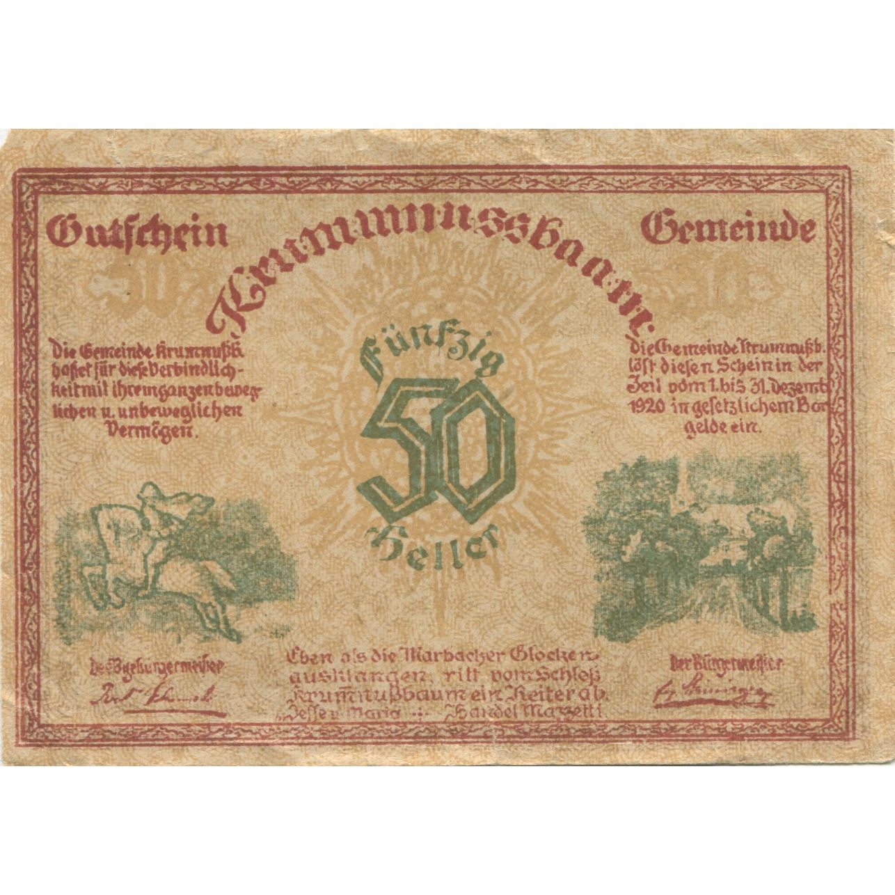 Billete, Austria, Krummnussbaum, 50 Heller, arbre, 1920, MBC+ Mehl:FS 488Ia