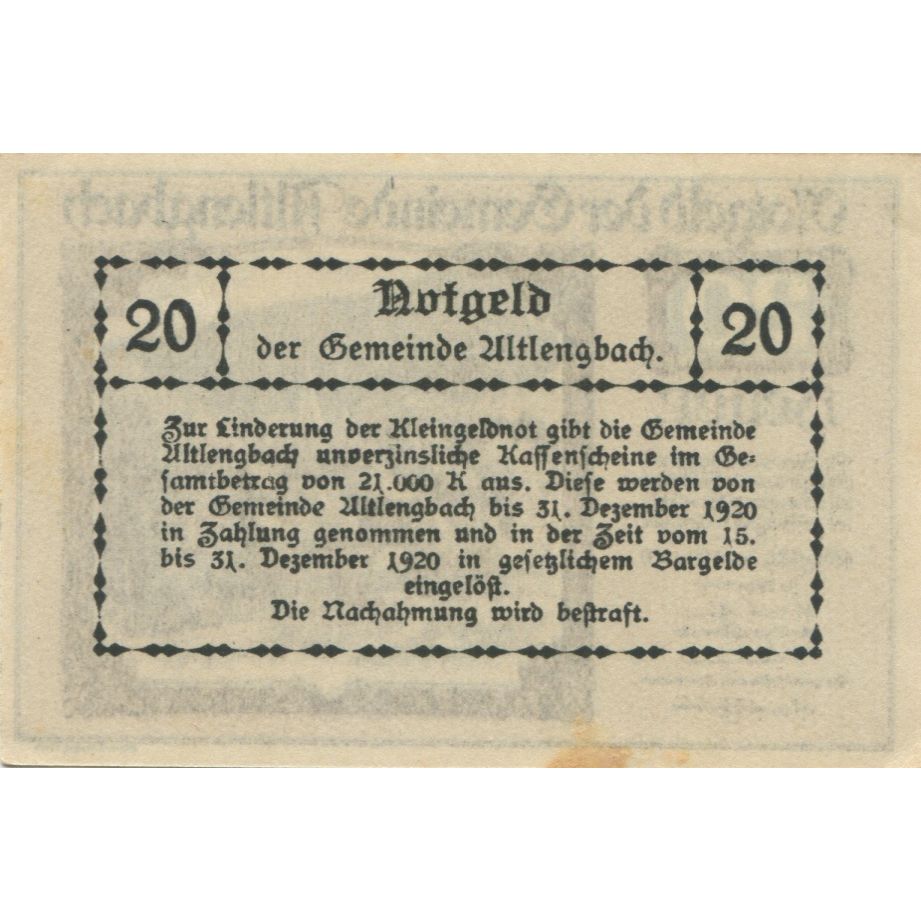 Billete, Austria, Altlengbach, 20 Heller, paysage 1920-12-31, SC, Mehl:FS 33a