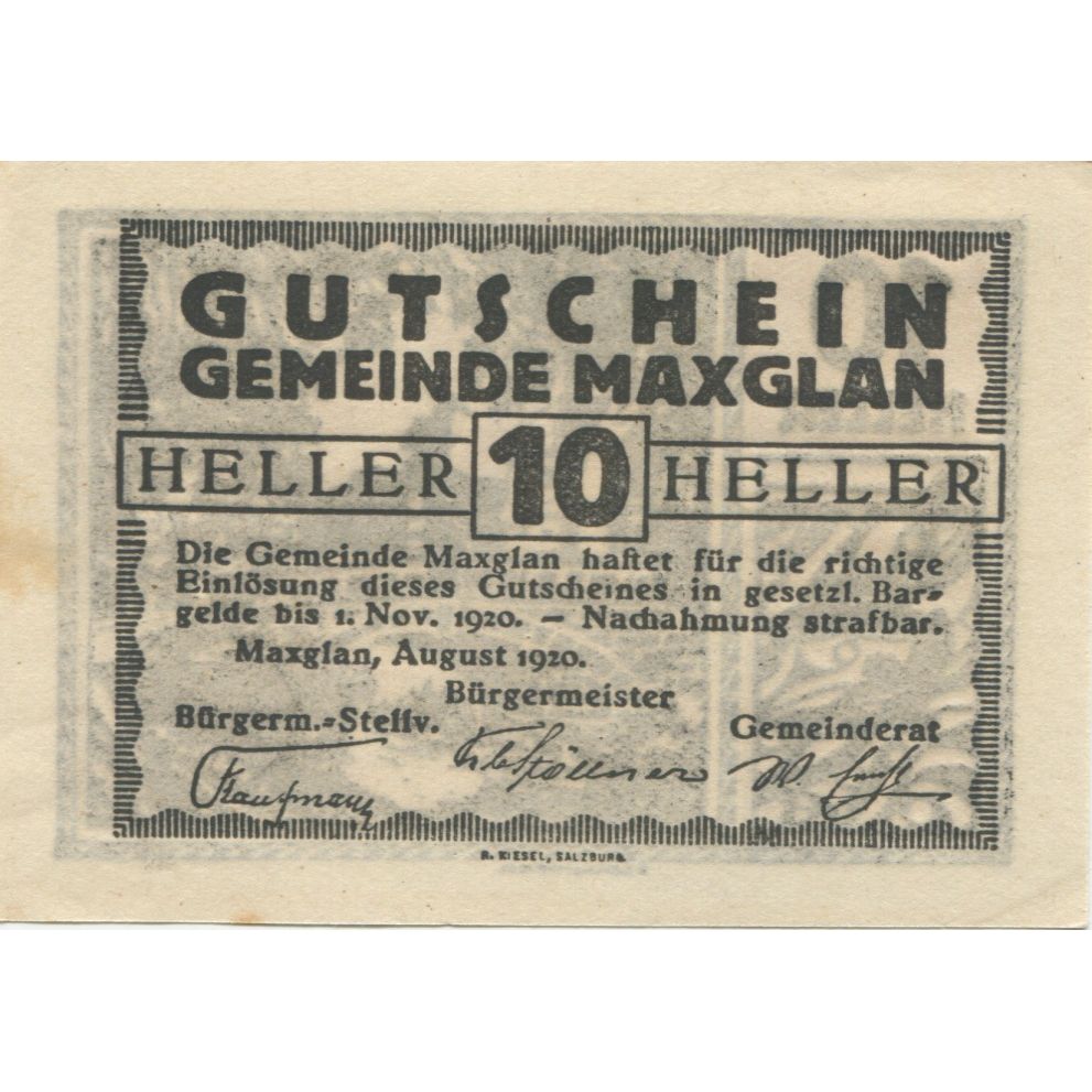 Billete, Austria, Maxglan, 10 Heller, pont, 1920, 1920-11-01, EBC, Mehl:FS 602a