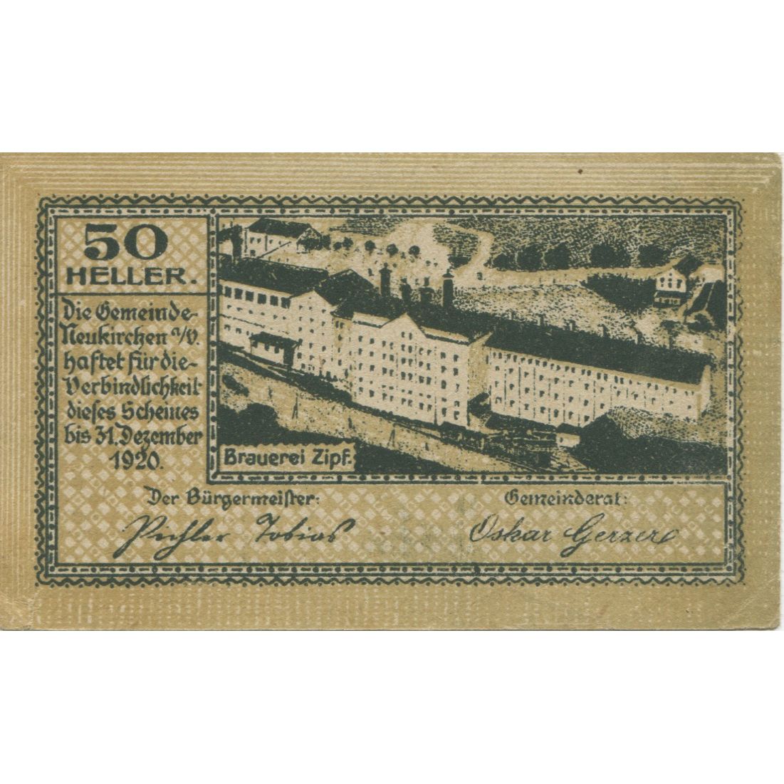 Billete, Austria, Neukirchen, 50 Heller, Eglise 1920-12-31, EBC, Mehl:FS 657