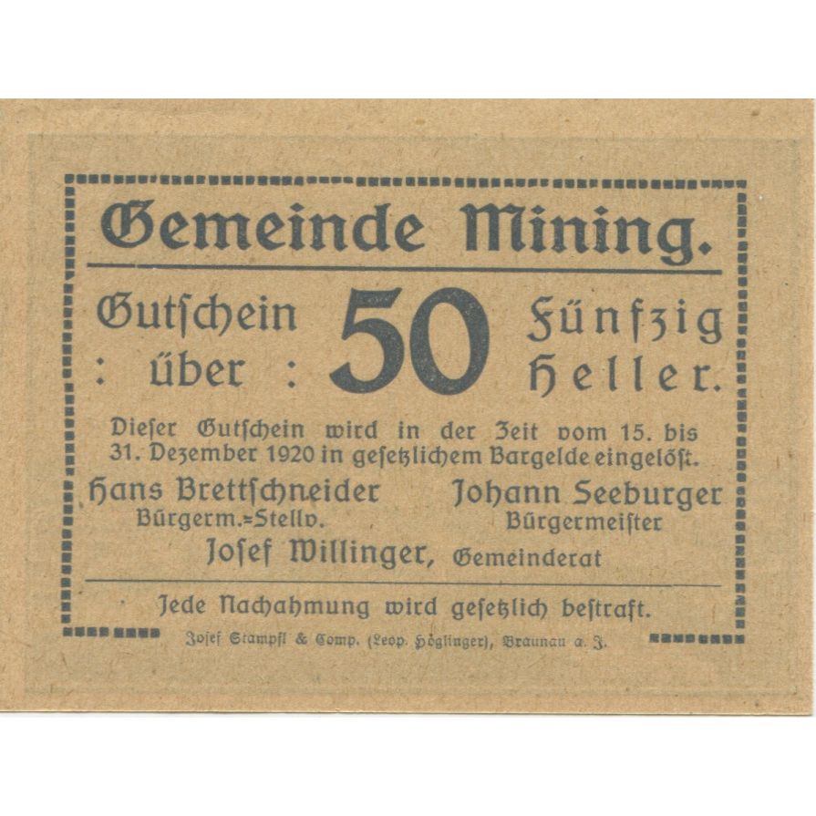 Billete, Austria, Mining, 50 Heller, château 1920-12-31, SC, Mehl:FS 613a