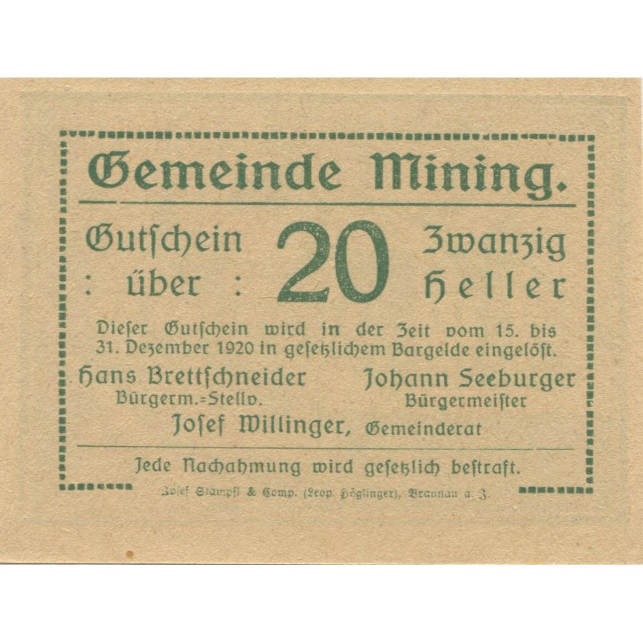 Billete, Austria, Mining, 20 Heller, château 1920-12-31, SC, Mehl:FS 613a