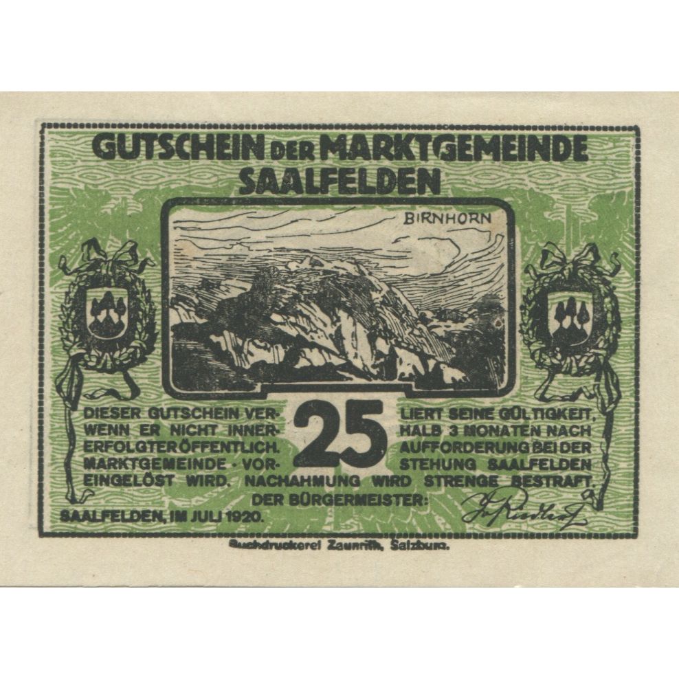 Billete, Austria, Saalfelden, 25 Heller, paysage, 1920, SC, Mehl:FS 859b