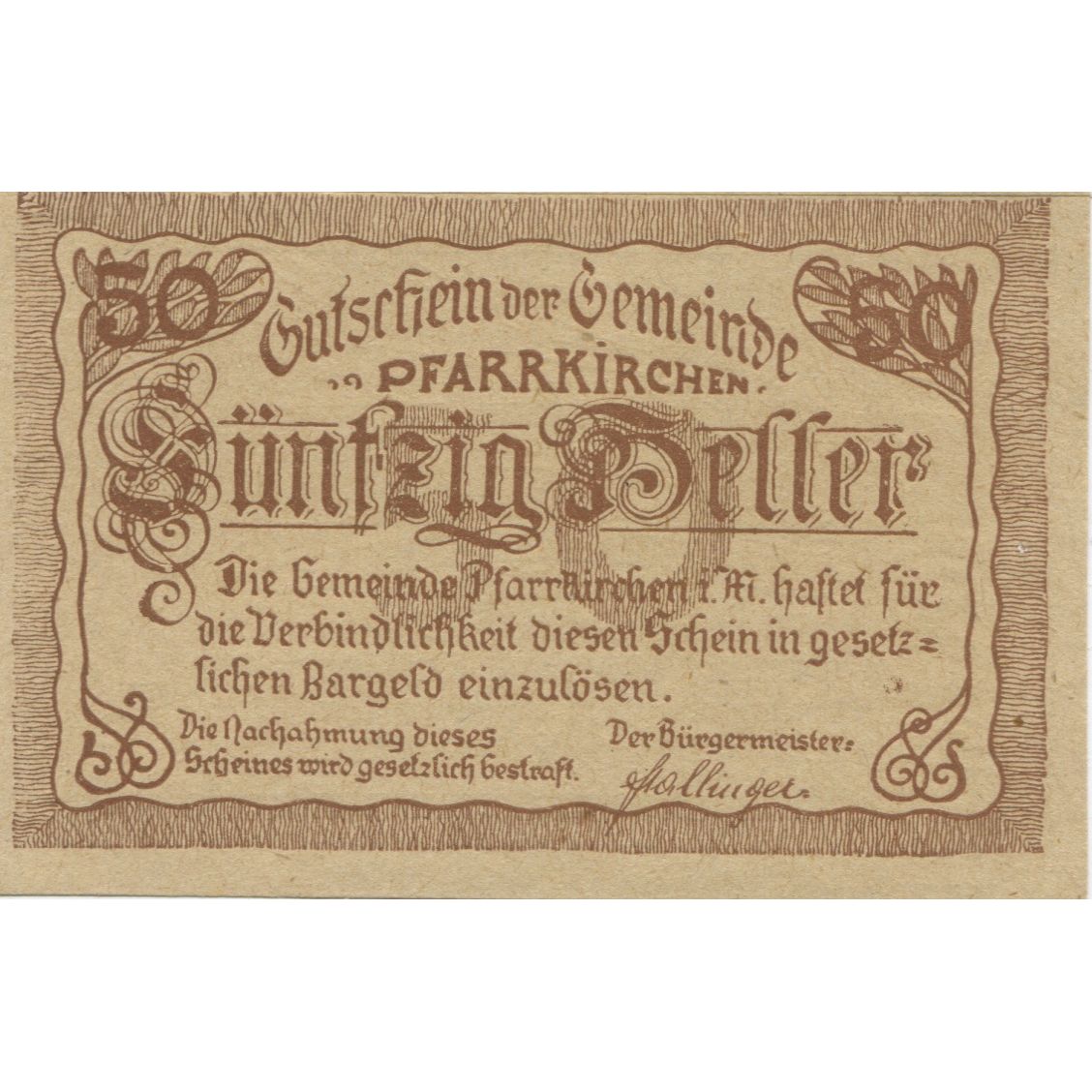 Billete, Austria, Pfarrkirchen, 50 Heller, village 1920-05-13, SC Mehl:FS 744Ia