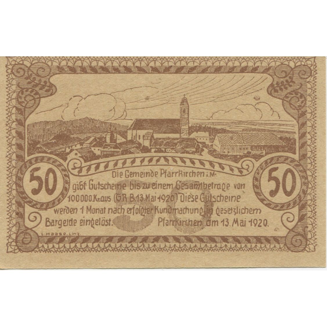 Billete, Austria, Pfarrkirchen, 50 Heller, village 1920-05-13, SC Mehl:FS 744Ia