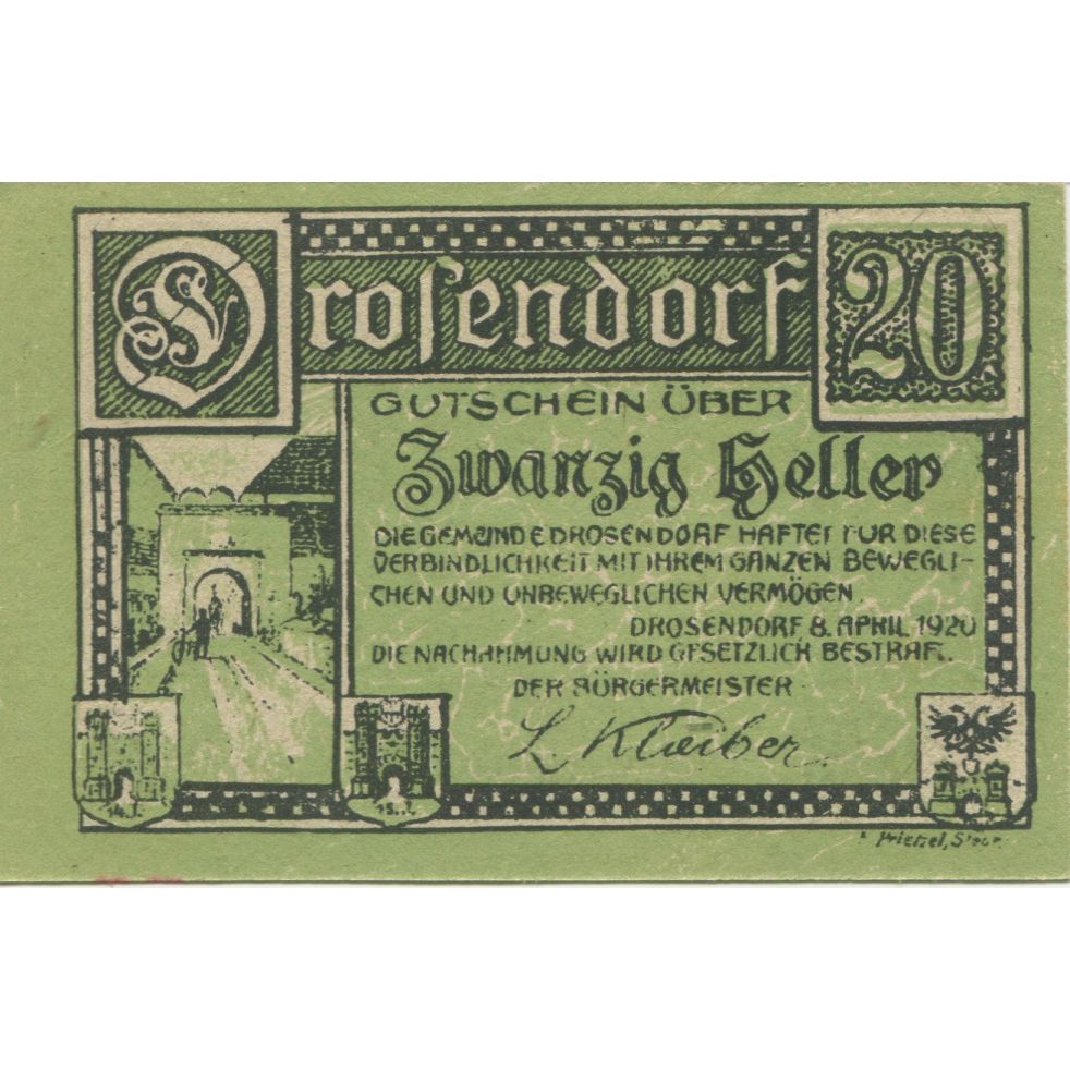 Billete, Austria, Drosendorf, 20 Heller, château, 1920, SC, Mehl:FS 134a