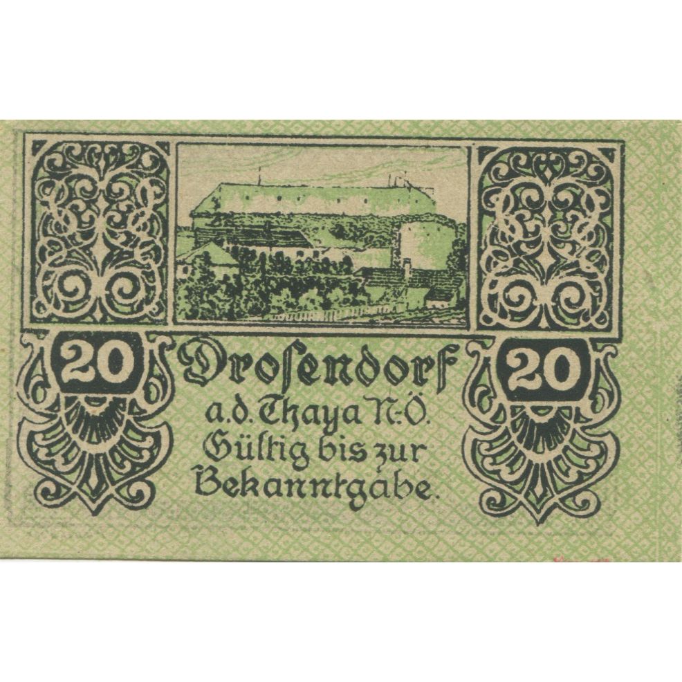 Billete, Austria, Drosendorf, 20 Heller, château, 1920, SC, Mehl:FS 134a