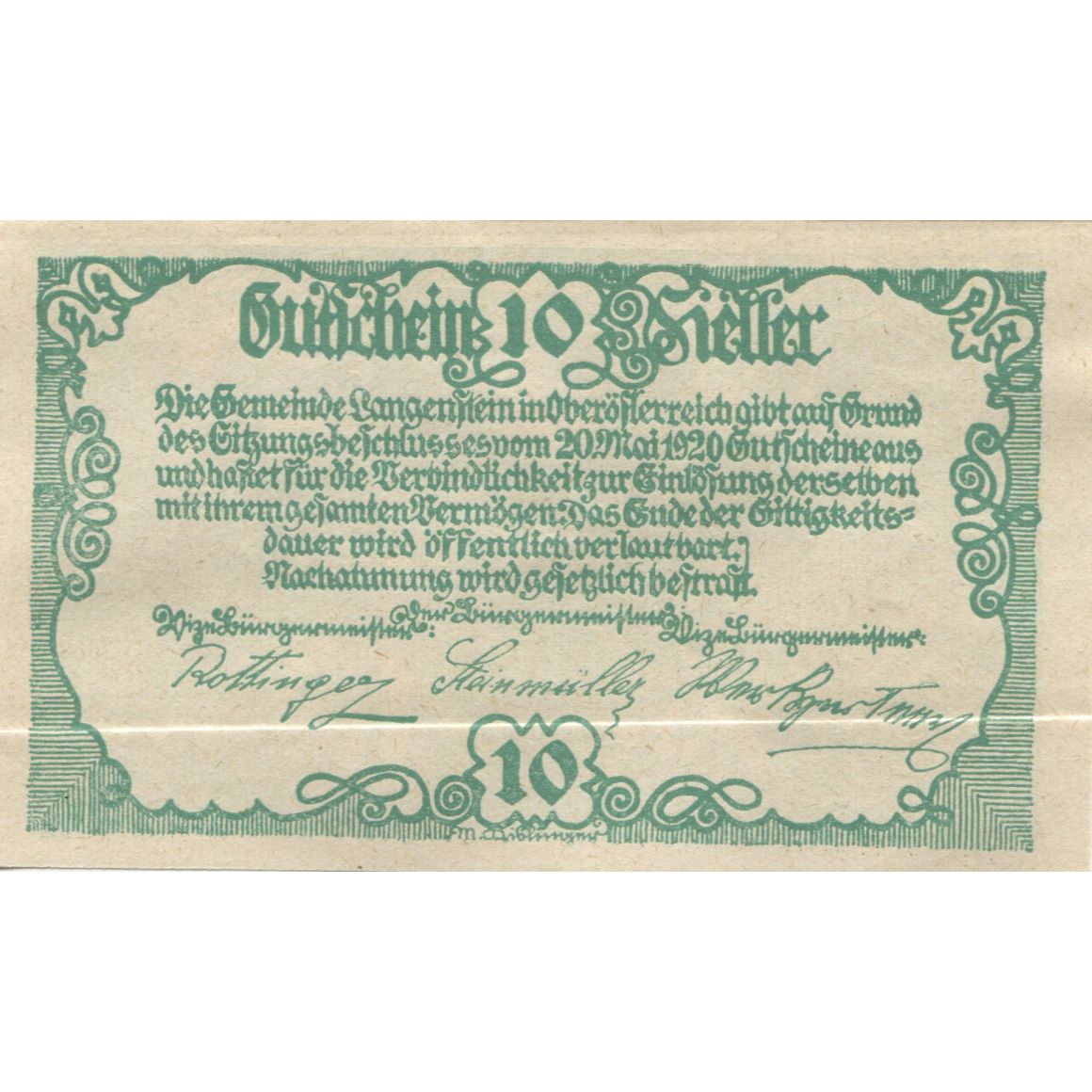 Billete, Austria, Langenstein, 10 Heller, château, 1920, SC, Mehl:FS 502a