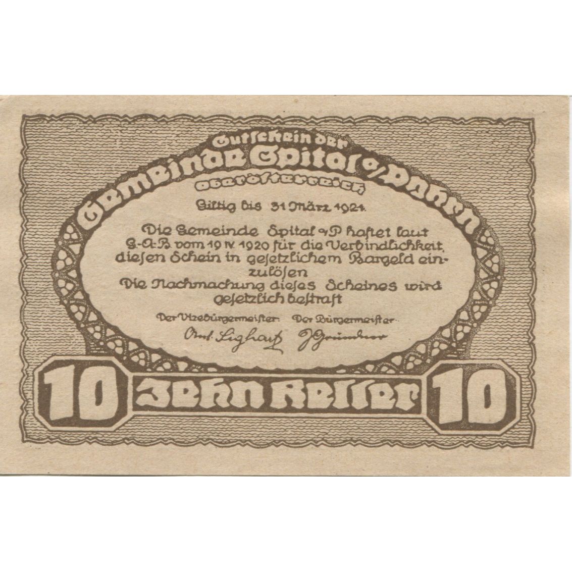 Billete, Austria, Spital, 10 Heller, village, 1920, SC, Mehl:FS 1007IIa