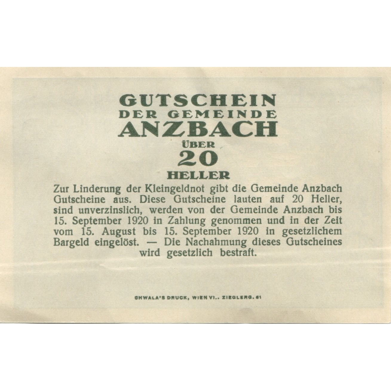 Billete, Austria, Anzbach, 20 Heller, pont, 1920, 1920-09-15, SC, Mehl:FS 48Iad