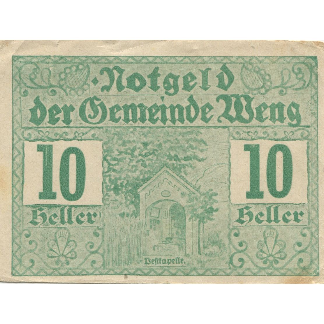 Billete, Austria, Weng, 10 Heller, Monument 1920-12-31, EBC Mehl:FS 1171I.1