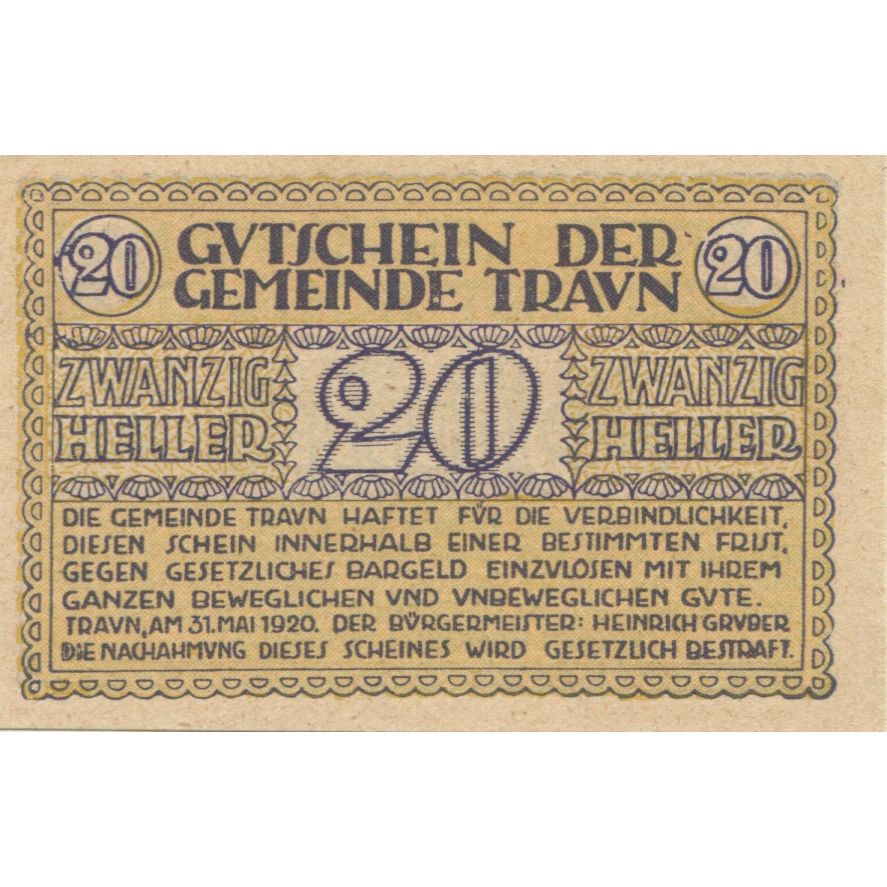 Billete, Austria, Traun, 20 Heller, Texte, 1920, 1920-12-31, SC, Mehl:FS 1080