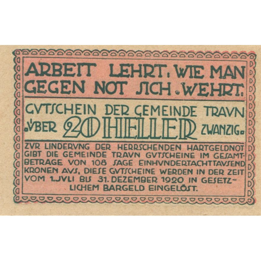 Billete, Austria, Traun, 20 Heller, Texte, 1920, 1920-12-31, SC, Mehl:FS 1080