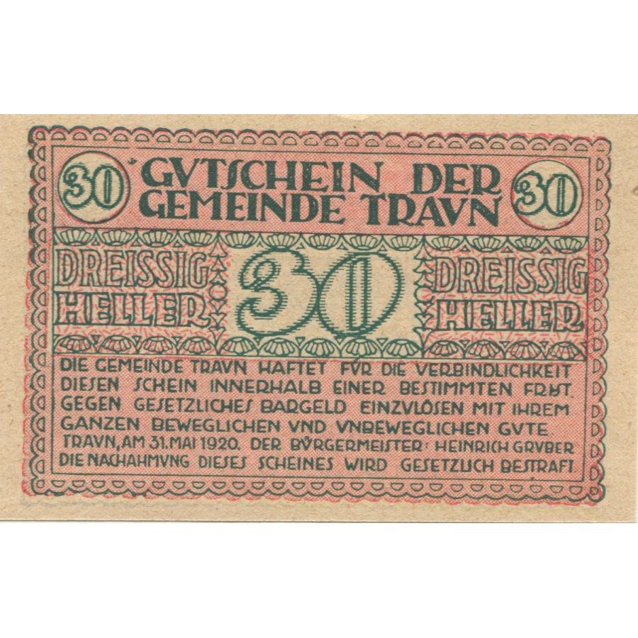 Billete, Austria, Traun, 30 Heller, Texte, 1920, 1920-12-31, SC, Mehl:FS 1080