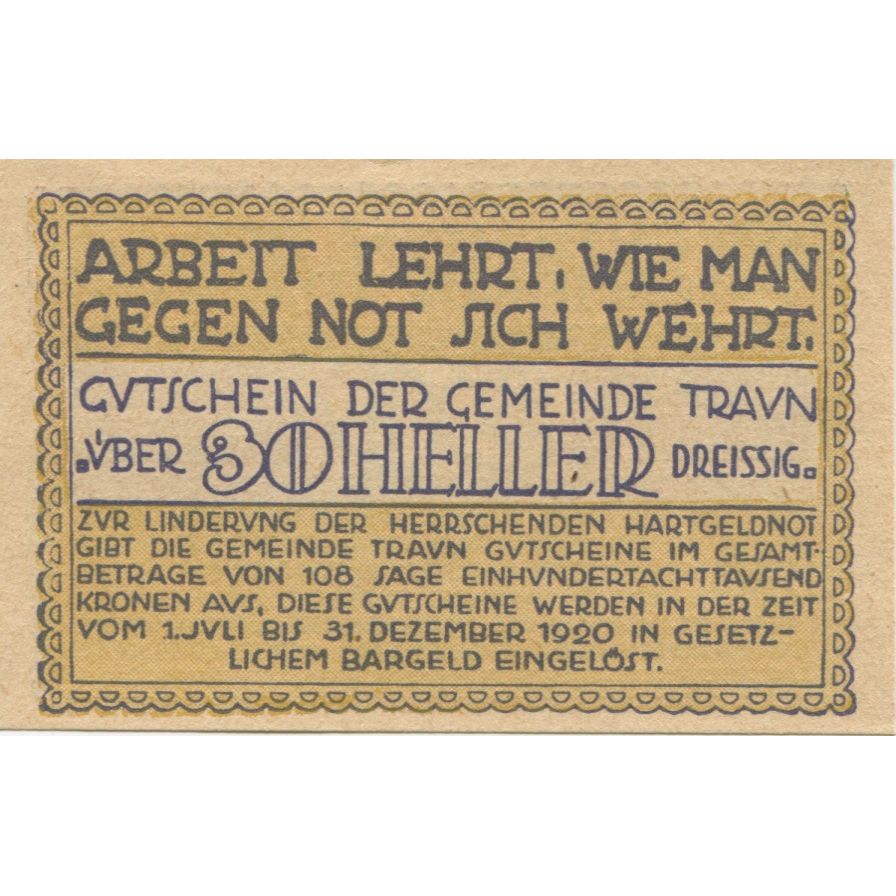Billete, Austria, Traun, 30 Heller, Texte, 1920, 1920-12-31, SC, Mehl:FS 1080