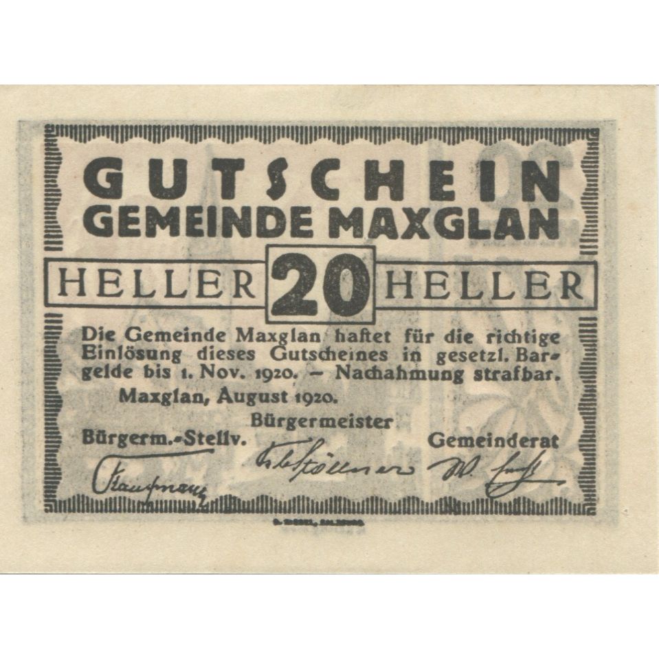 Billete, Austria, Maxglan, 20 Heller, village 1920-11-01, SC, Mehl:FS 602a