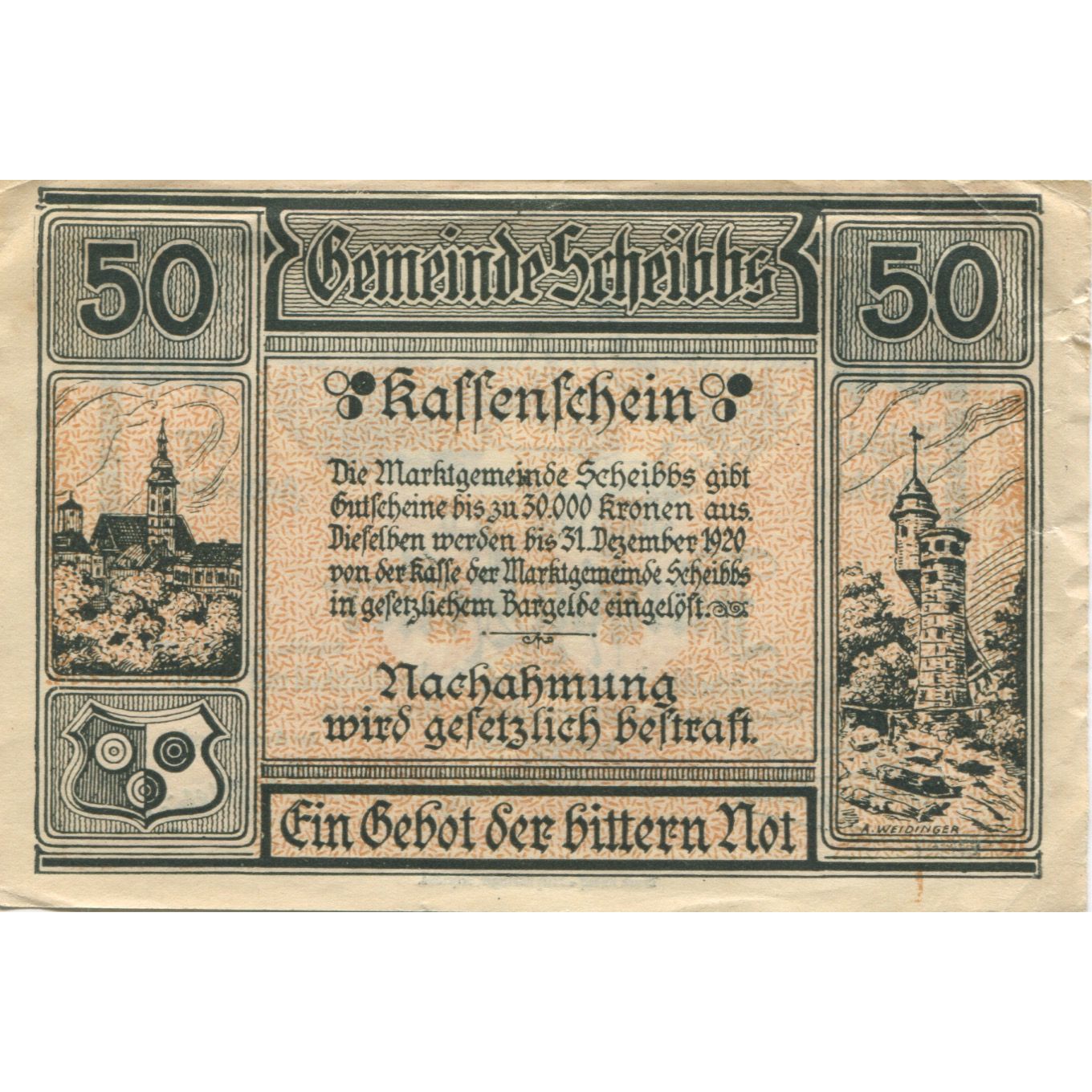 Billete, Austria, Scheibbs, 50 Heller, village 1920-12-31, MBC Mehl:FS 957IIb
