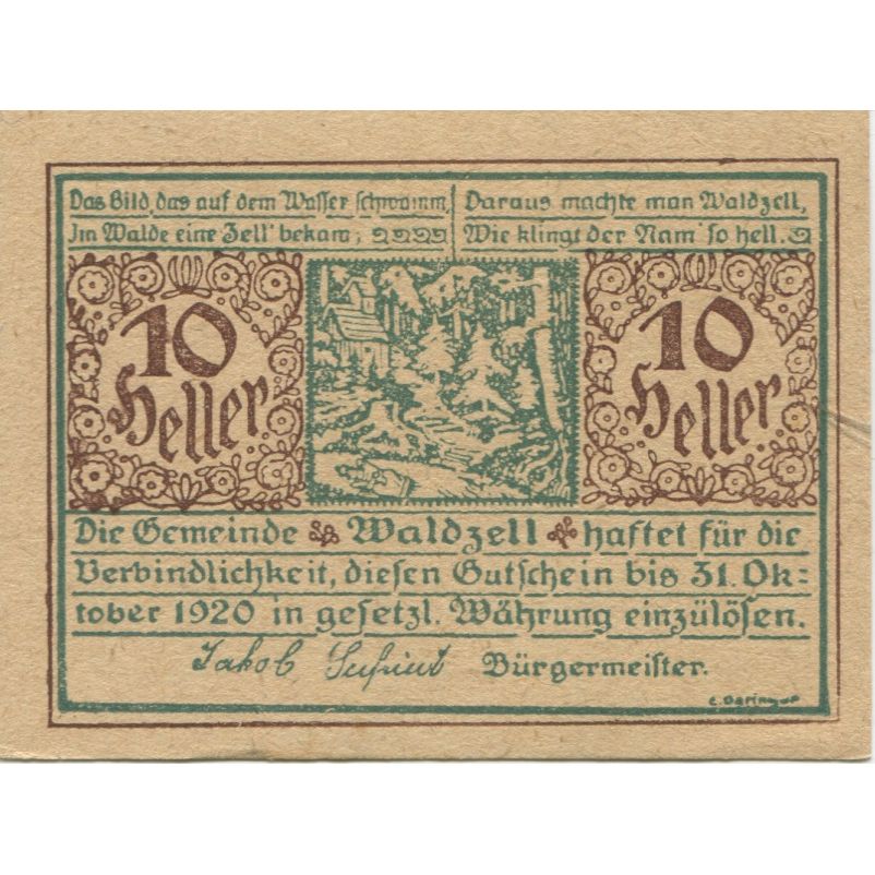 Billete, Austria, Waldzell, 10 Heller, Forêt 1920-10-31, SC, Mehl:FS 1135a