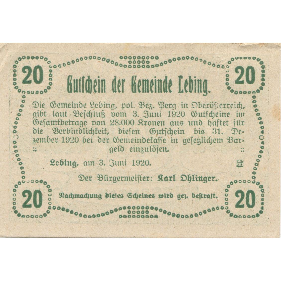 Billete, Austria, Lebing, 20 Heller, Forêt, 1920, 1920-10-31, EBC, Mehl:FS 508a