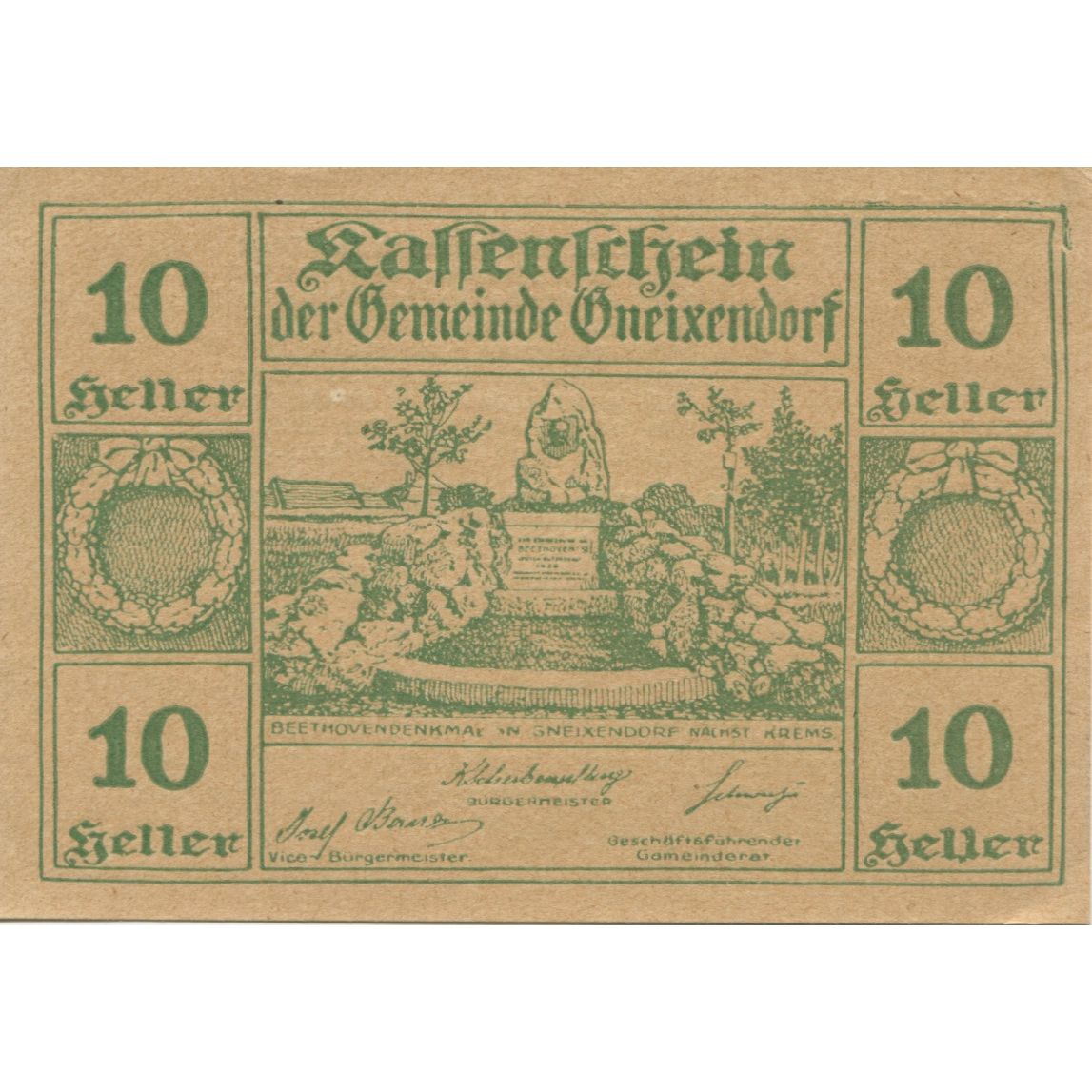 Billete, Austria, Gneixendorf, 10 Heller, Monument, 1920 SC Mehl:FS 241