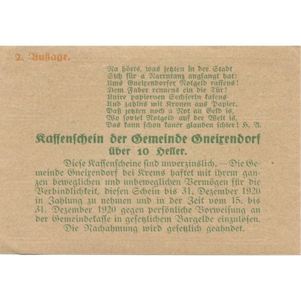 Billete, Austria, Gneixendorf, 10 Heller, Monument, 1920 SC Mehl:FS 241