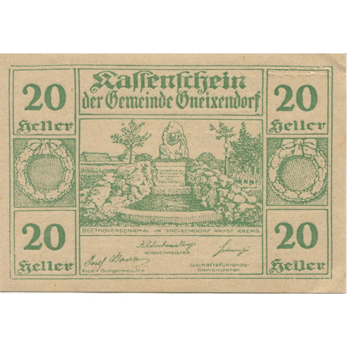 Billete, Austria, Gneixendorf, 20 Heller, Monument 1920-12-31, EBC+ Mehl:FS 241