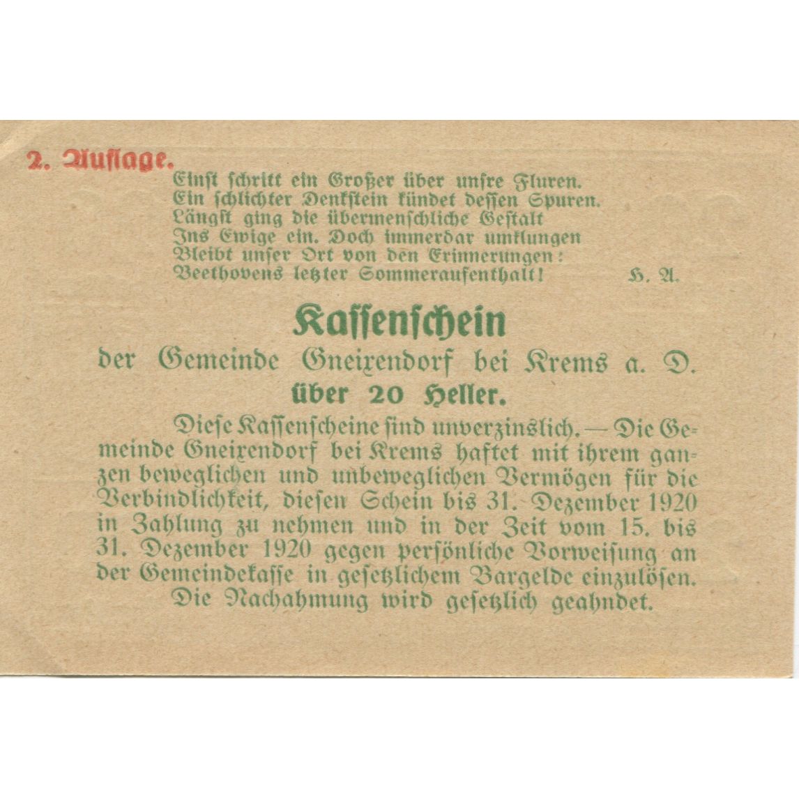 Billete, Austria, Gneixendorf, 20 Heller, Monument 1920-12-31, EBC+ Mehl:FS 241