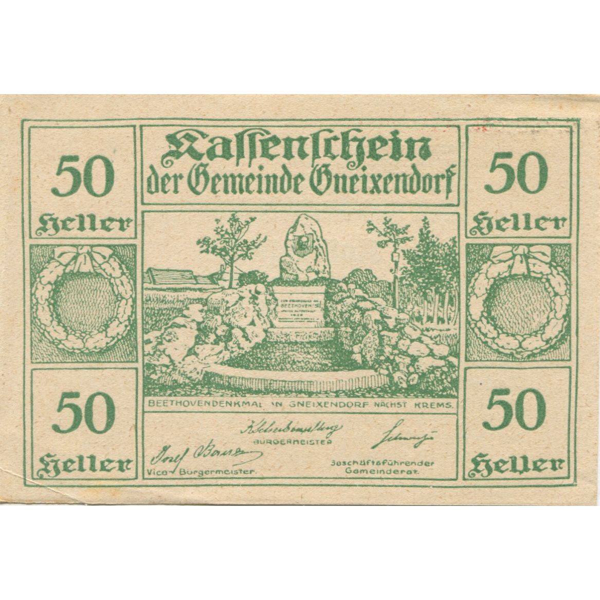 Billete, Austria, Gneixendorf, 50 Heller, Monument, 1920 SC Mehl:FS 241