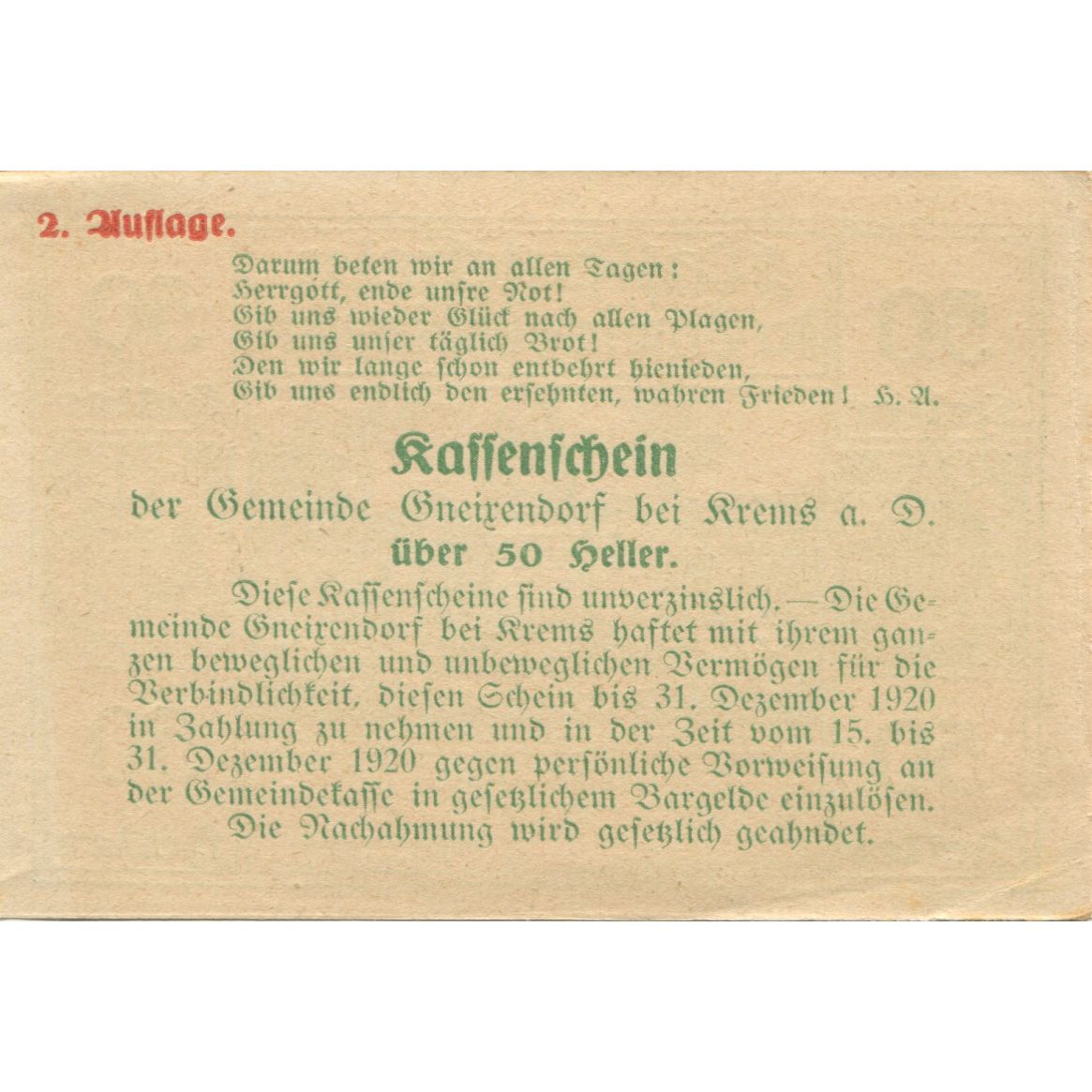 Billete, Austria, Gneixendorf, 50 Heller, Monument, 1920 SC Mehl:FS 241