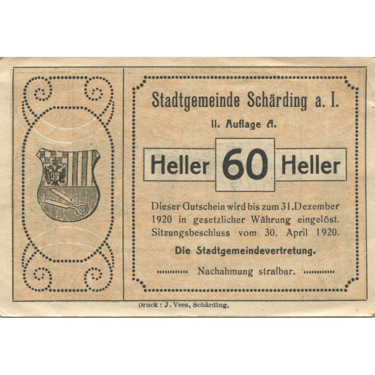 Billete, Austria, Schärding, 60 Heller, pont 1920-12-31, EBC, Mehl:FS 951IIb