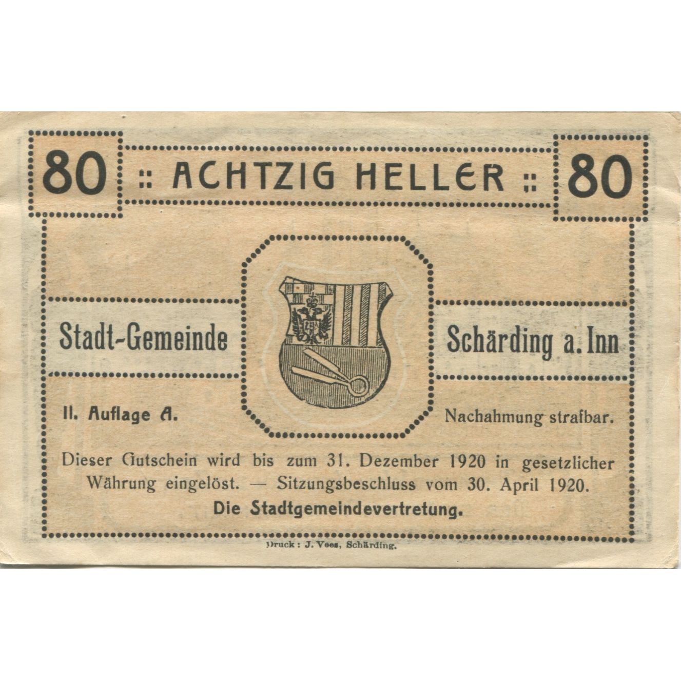Billete, Austria, Schärding, 80 Heller, château, 1920 EBC Mehl:FS 951IIb