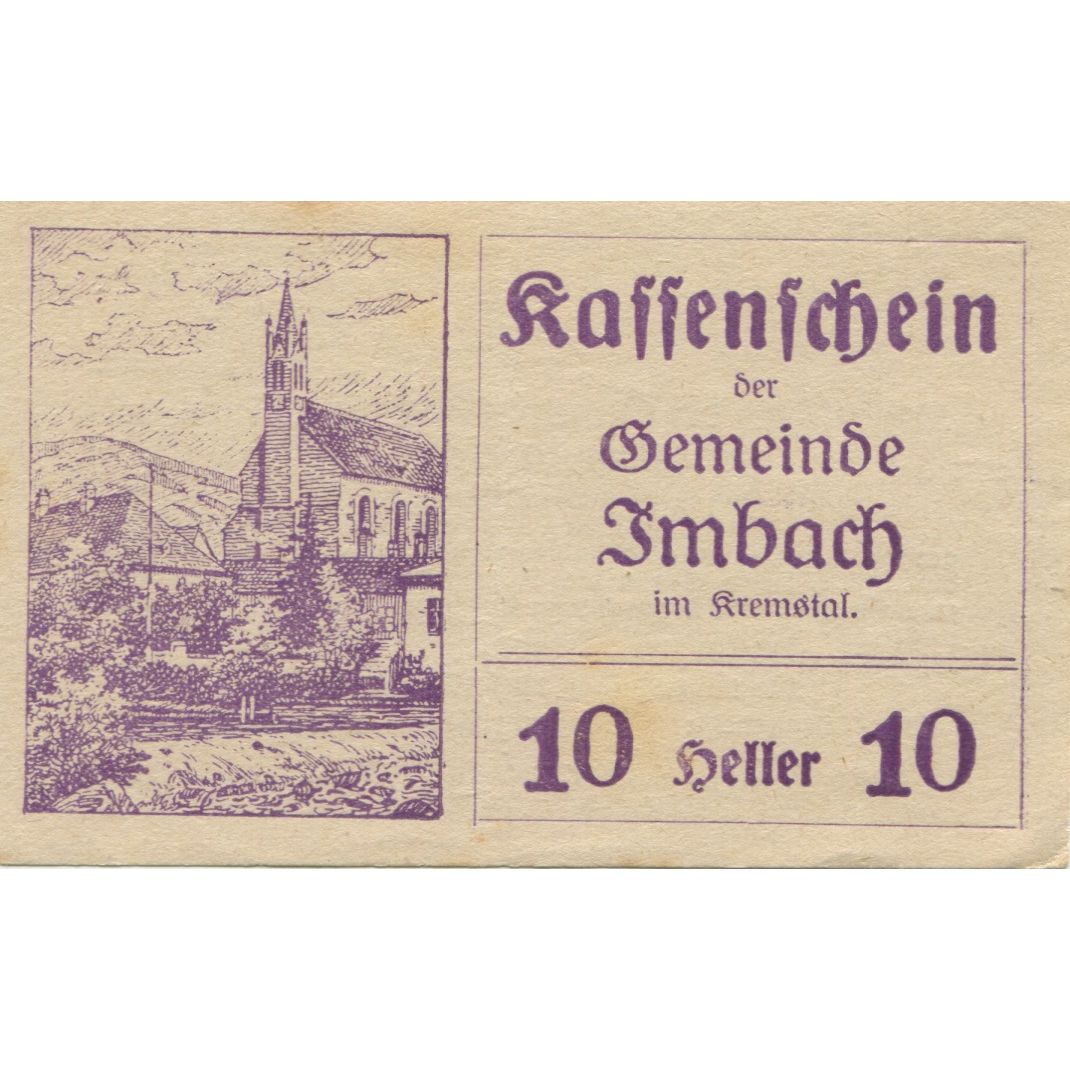 Billete, Austria, Imbach, 10 Heller, Eglise 1920-12-31, EBC+, Mehl:FS 404IIa