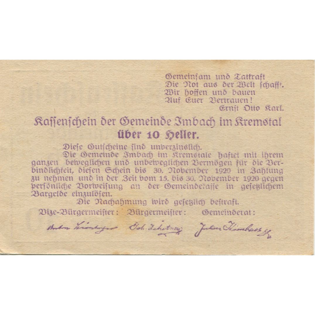 Billete, Austria, Imbach, 10 Heller, Eglise 1920-12-31, EBC+, Mehl:FS 404IIa