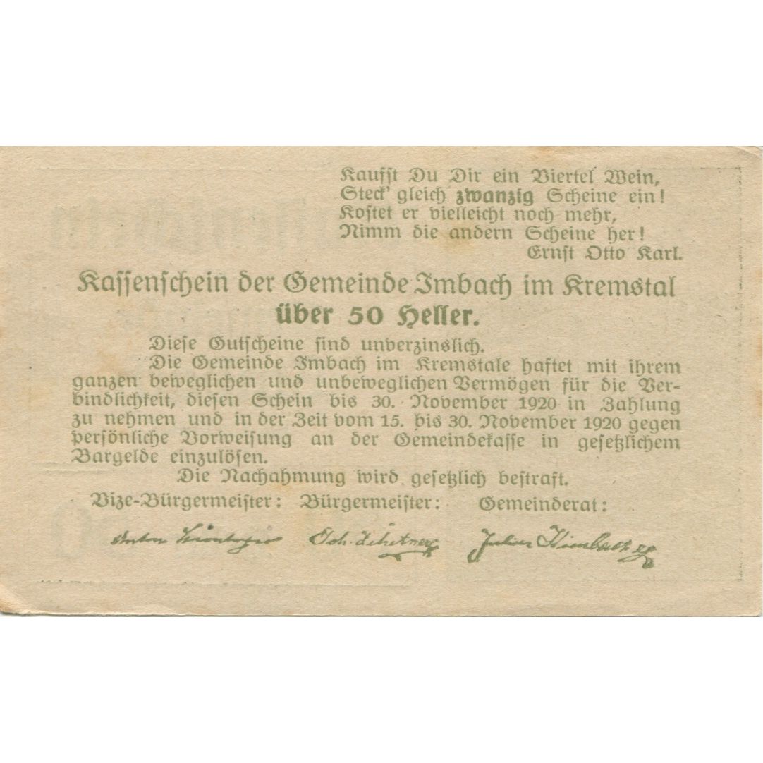 Billete, Austria, Imbach, 50 Heller, Eglise 1920-12-31, EBC+, Mehl:FS 404IIa