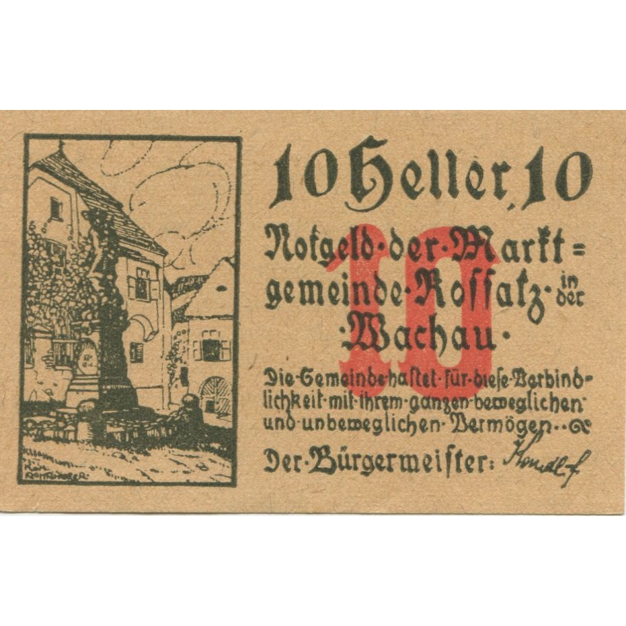Billete, Austria, Koffatz in der Wachau 10 Heller Monument, 1920 SC Mehl:FS 848b