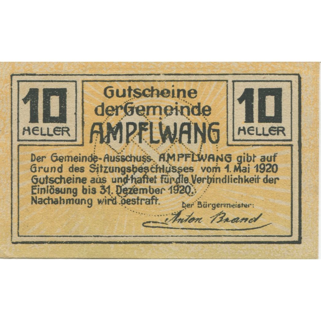 Billete, Austria, Ampflwang, 10 Heller, Mine, 1920, 1920-12-31, SC, Mehl:FS 36a
