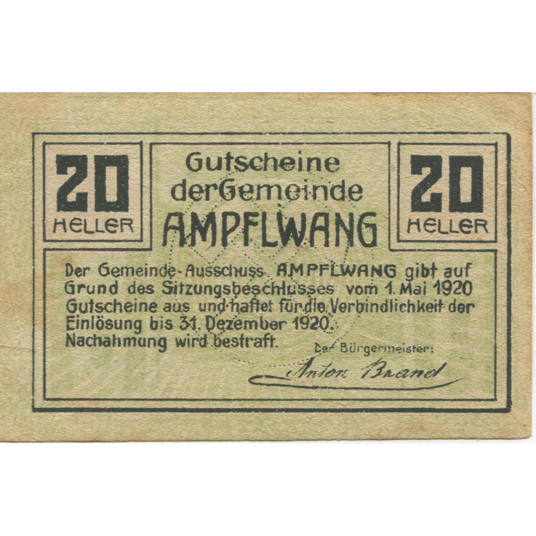 Billete, Austria, Ampflwang, 20 Heller, Mine, 1920, 1920-12-31, MBC, Mehl:FS 36a