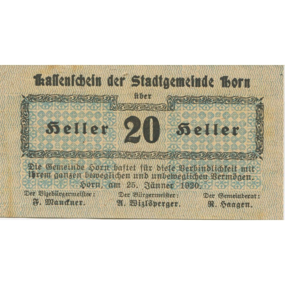 Billete, Austria, Horn, 20 Heller, Texte, 1920, 1920-07-31, SC, Mehl:FS 397Ia2