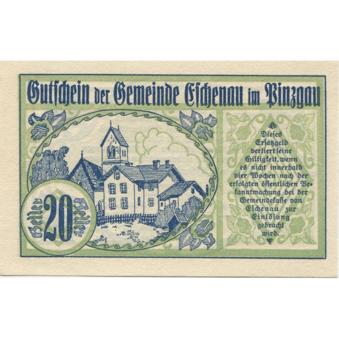 Billete, Austria, Eschenau, 20 Heller, Eglise, 1920, SC, Mehl:FS 188a