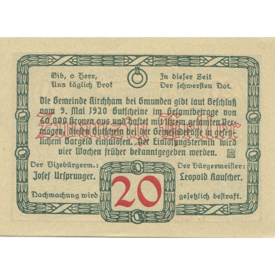 Billete, Austria, Kirchham, 20 Heller, champs 1920-05-09, SC Mehl:FS 446Ia