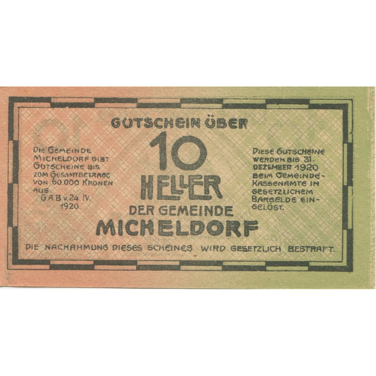 Billete, Austria, Micheldorf, 10 Heller, château 1920-12-31, SC Mehl:FS 612a