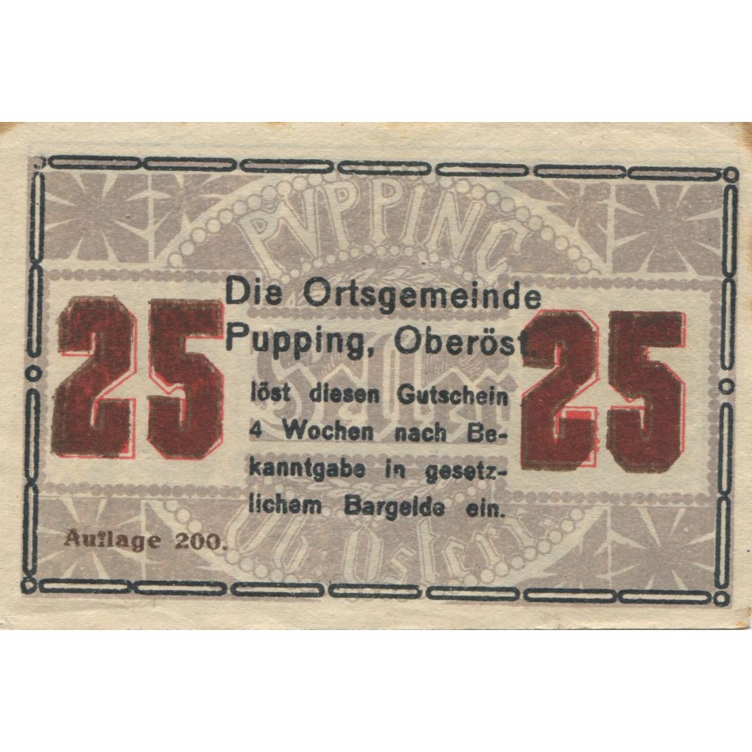 Billete, Austria, Pupping, 25 Heller, pont, 1920, EBC, Mehl:FS 792