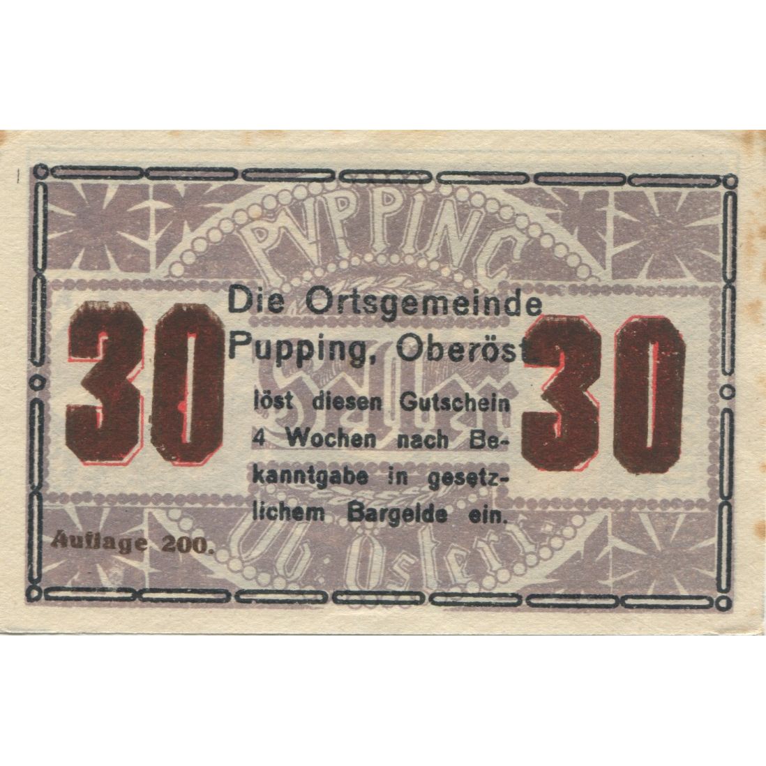 Billete, Austria, Pupping, 30 Heller, porte, 1920, EBC, Mehl:FS 792