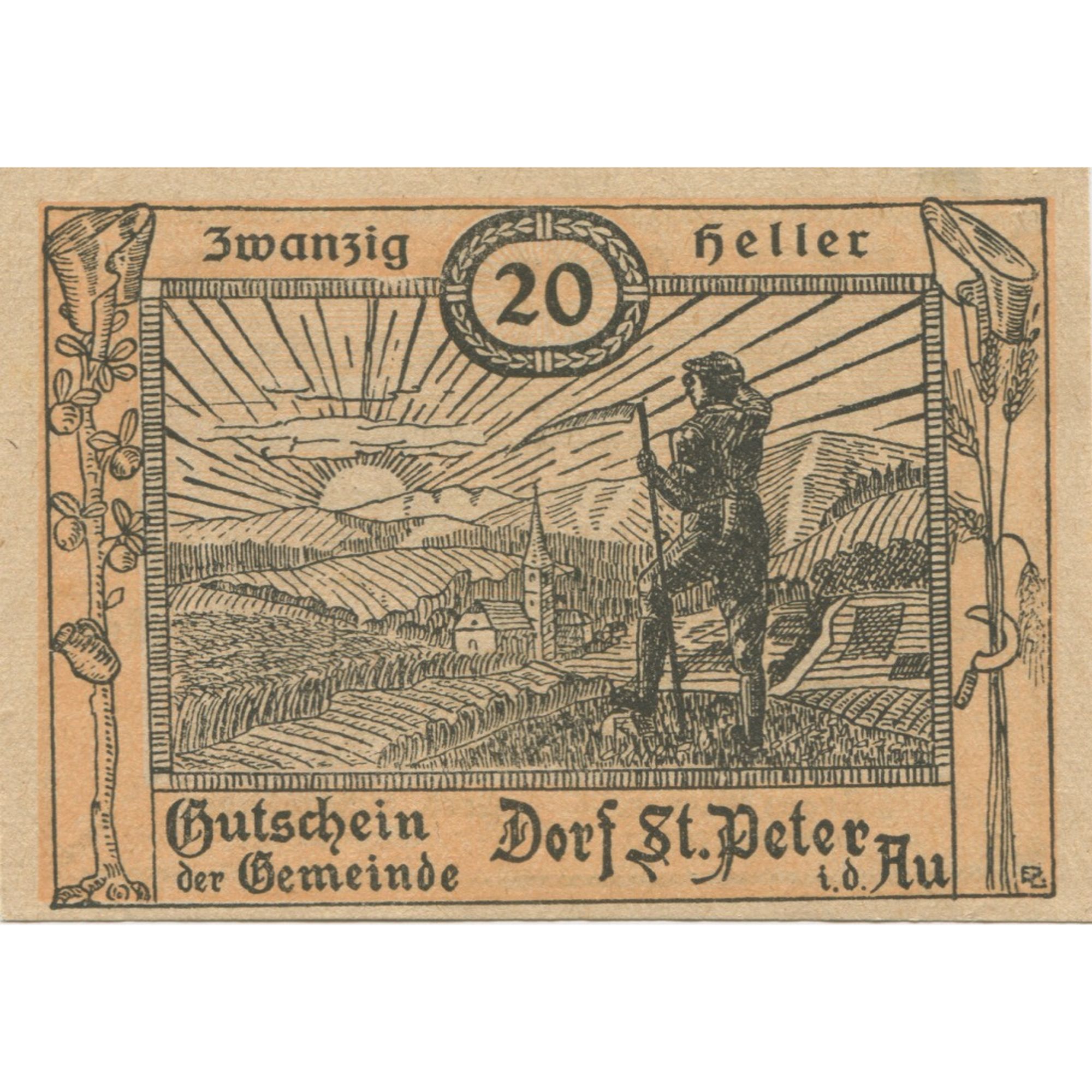 Billete, Austria, St Peter in der Au, 20 Heller, champs, 1920 SC Mehl:FS 923Aa