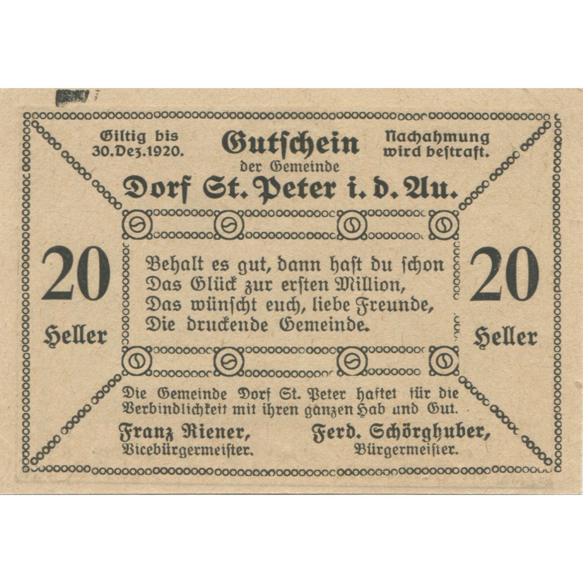 Billete, Austria, St Peter in der Au, 20 Heller, champs, 1920 SC Mehl:FS 923Aa